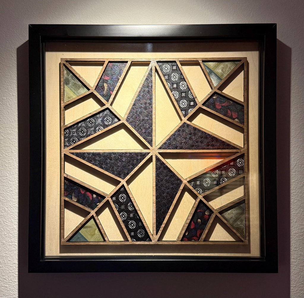 Interwoven: Laser Cut Quilt Block Wall Art | Framed Wood & Fabric Quilt-Inspired Decor | Handmade One of a Kind Home Art | Silk Necktie | One of One