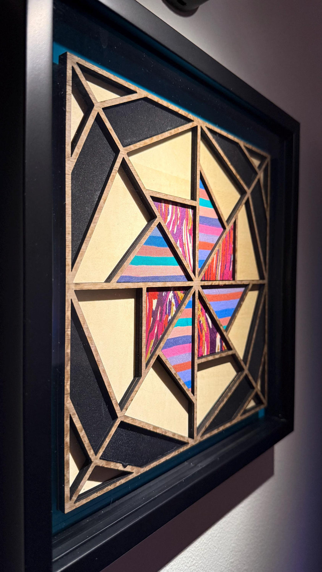 Prismatic: Laser Cut Quilt Block Wall Art | Framed Wood & Fabric Quilt-Inspired Decor | Handmade One of a Kind Home Art | One of One