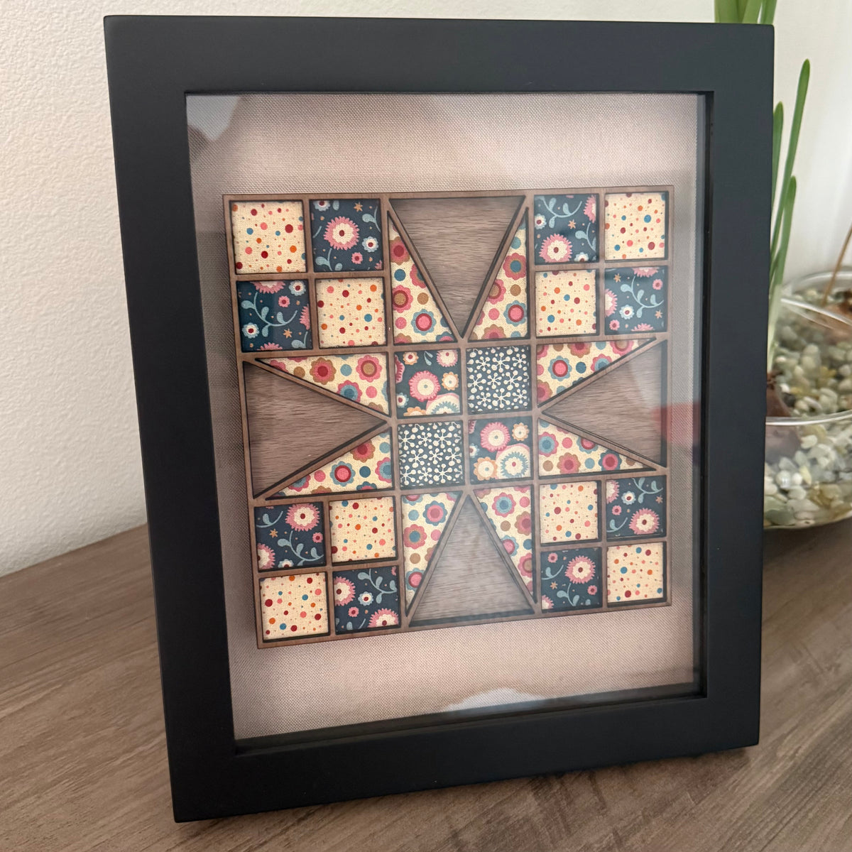 Keepsake: Geometric Quilt Block Wood Wall & Shelf Art | Modern Fabric & Wood Framed Artwork | One of One