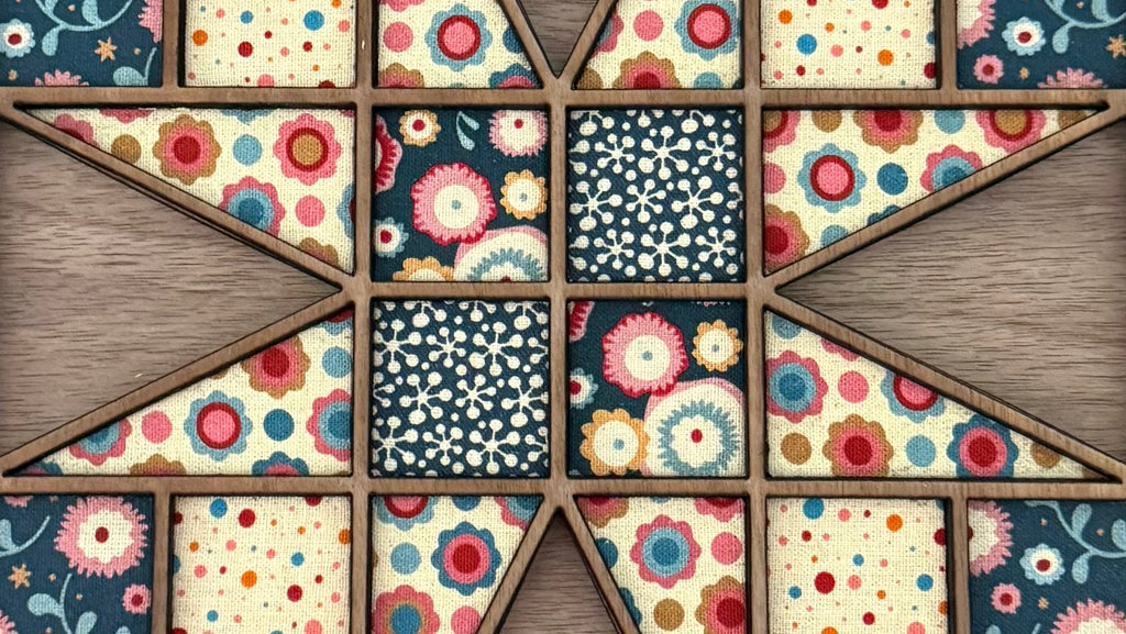 Keepsake: Geometric Quilt Block Wood Wall & Shelf Art | Modern Fabric & Wood Framed Artwork | One of One