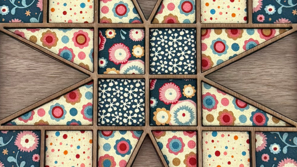 Keepsake: Geometric Quilt Block Wood Wall & Shelf Art | Modern Fabric & Wood Framed Artwork | One of One
