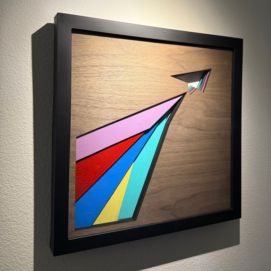 Paper: Geometric Paper Airplane Wood Wall Art | Modern Colorful Layers on Walnut Panels