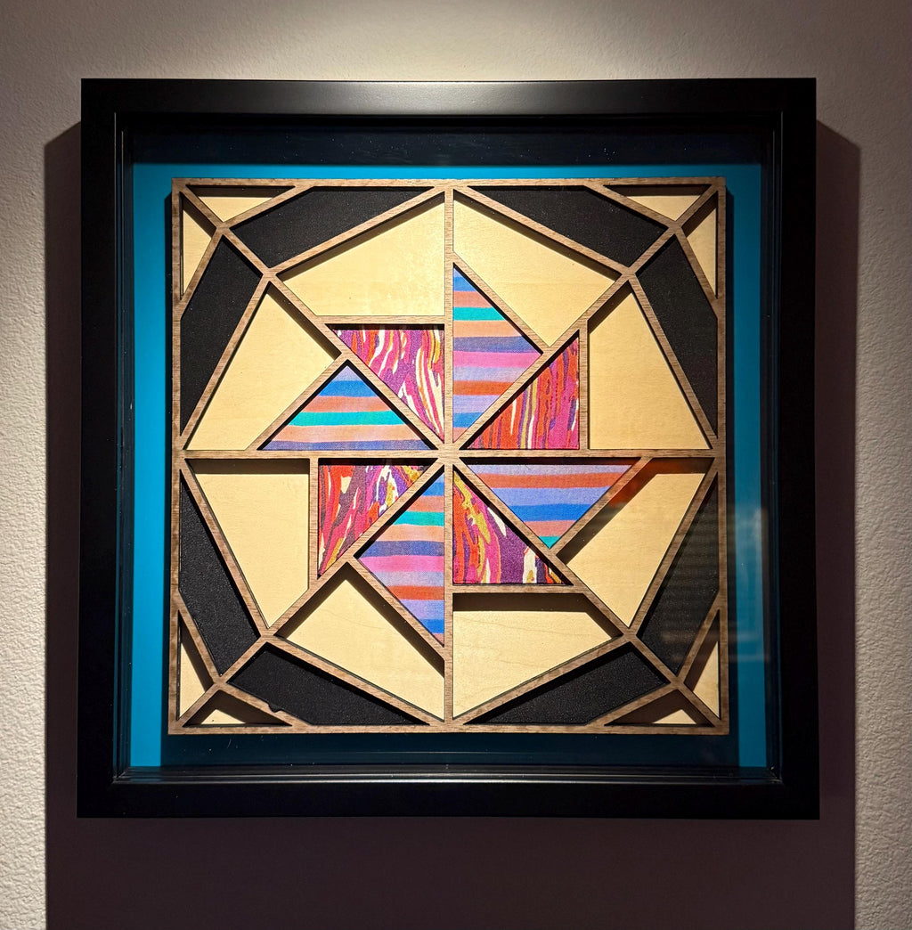 Prismatic: Laser Cut Quilt Block Wall Art | Framed Wood & Fabric Quilt-Inspired Decor | Handmade One of a Kind Home Art | One of One