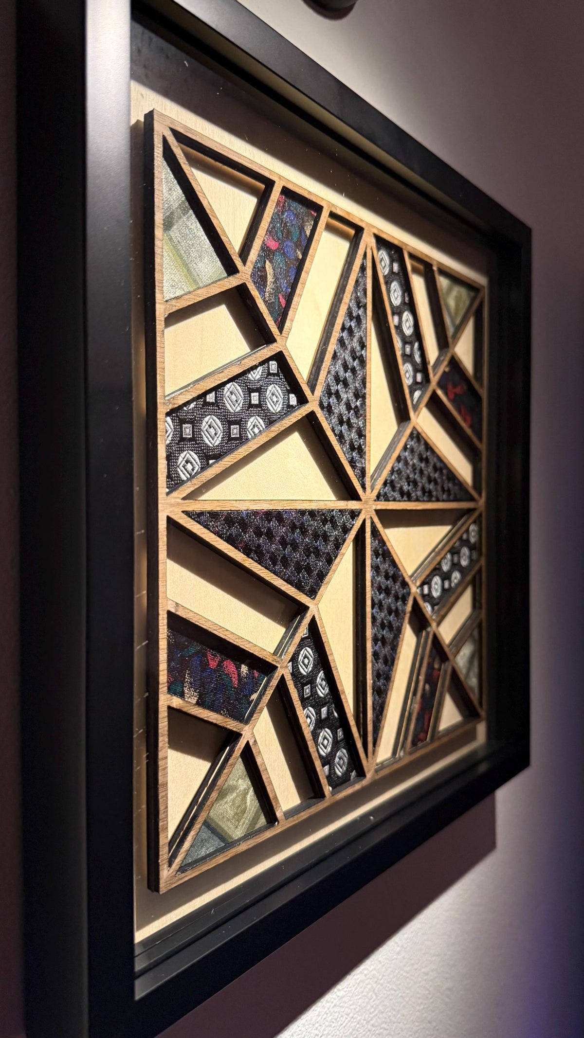 Interwoven: Laser Cut Quilt Block Wall Art | Framed Wood & Fabric Quilt-Inspired Decor | Handmade One of a Kind Home Art | Silk Necktie | One of One